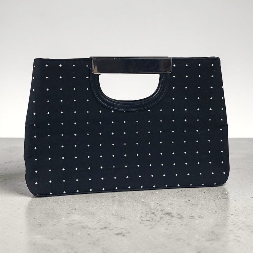 White House Black Market Black Embroidered Geometric Metal Bar Handle Clutch Bag